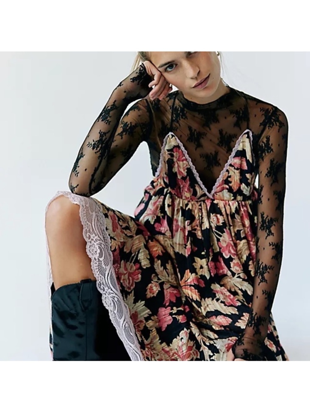 Free people primmy Black Floral Midi Slip Dress with Pink & Cream Blooms smal - Picture 2 of 8